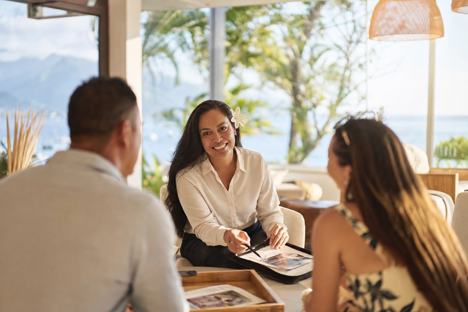Conseillère de Soleil Immobilier recevant des clients dans l’agence, à Papeete